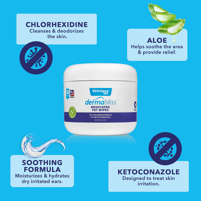 VETNIQUE LABS Dermabliss Anti-Itch and Medicated Dog Shampoo, Wipes and Spray Help Relieve Irritated Itchy Skin - Ditch The Itch 50ct Wipes - PawsPlanet Australia