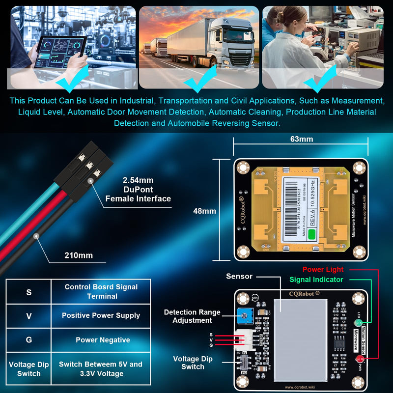 10.525GHz Doppler Effect Microwave Motion Sensor Compatible with Raspberry Pi and Arduino Motherboard. for Industrial, Measurement, Automatic Doors, Smart Lights, Reversing Radar, etc. 10.525GHz