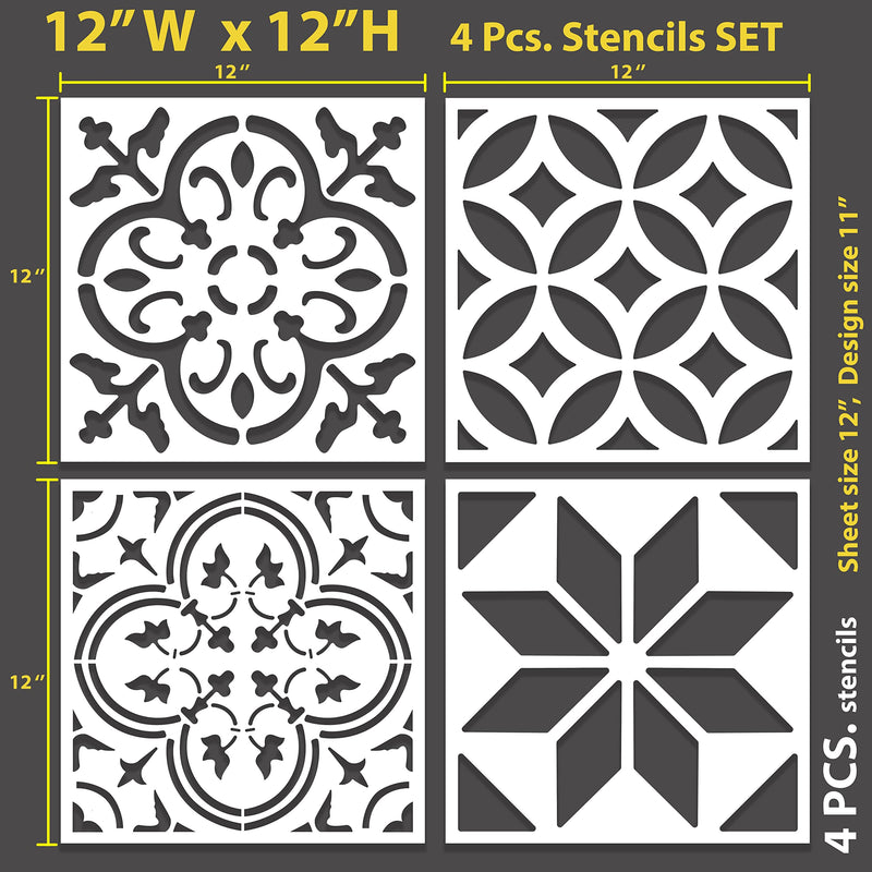 STENCILOGY® / 4 pcs. 12 x 12 Inches/Tile Stencil Set, Reusable Tile Stencils Set for Painting, Furniture, Floor/Household Paint Wall Stencils (12x12 inches) 12x12 inches