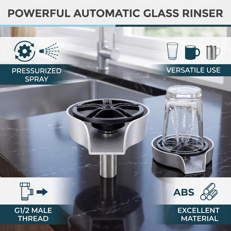 Automatic Glass & Cup Washer Sink Accessory with 360 Degree Rotating Spout Stainless Steel Dishwasher for Bottles Cups Utensils - Silver ABS Basin US 9/16