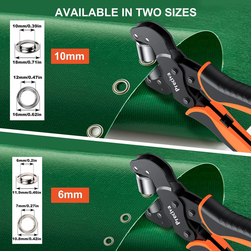 Grommet Tool Kit of 3/8" and 1/4", Preciva 𝐈𝐧𝐭𝐞𝐫𝐜𝐡𝐚𝐧𝐠𝐞𝐚𝐛𝐥𝐞 𝐃𝐨𝐮𝐛𝐥𝐞 𝐇𝐞𝐚𝐝 Handheld Grommet kit with 400pcs Silver Grommets for Advertising Poster, Banner, Ponchos, Cardboard 10 and 6 mm