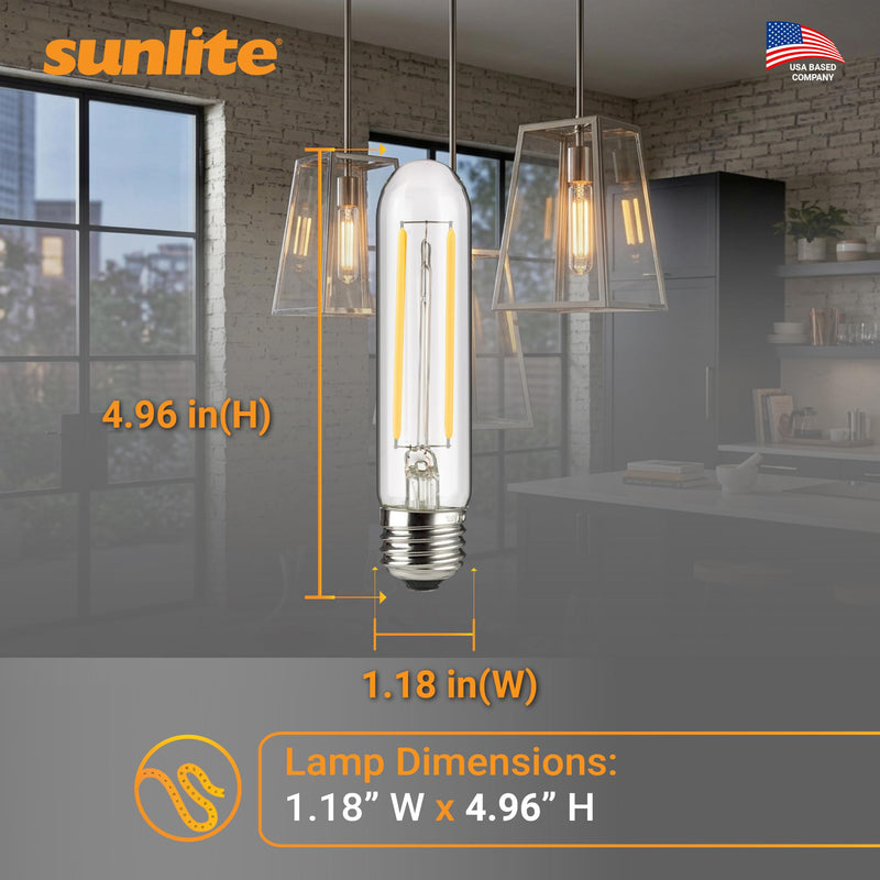 Sunlite LED Filament T10 Tubular Light Bulb, 2 Watts (25W Equivalent), 160 Lumens, Medium E26 Base, 120 Volts, Dimmable, 90 CRI, UL Listed, Clear, 3000K Warm White, 10 Pack