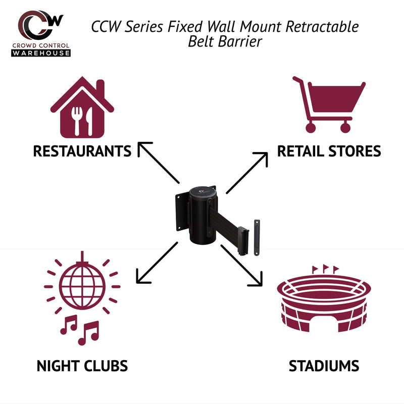 Crowd Control Warehouse - CCW Series WMB-125 Fixed Wall Mount Retractable Belt Barrier - 11 Foot, Black and Yellow Diagonal Stripes Belt with Black Steel Case Solid Color