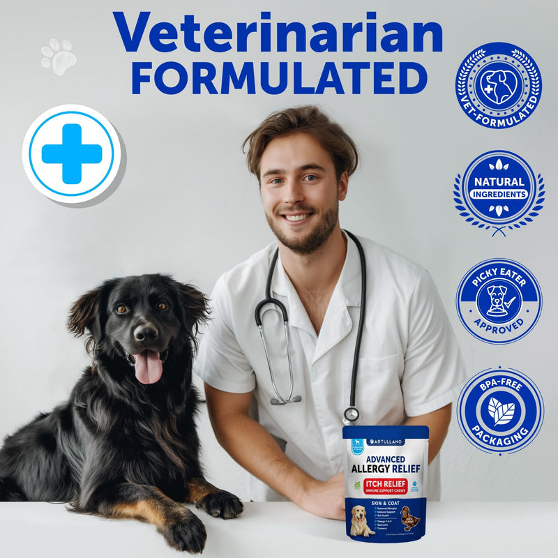 Dog Allergy Relief Chews - Itching Skin Relief for Dogs - Fish Oil - Omega 3 - Seasonal Allergies Pills - Skin & Coat, Anti Itch, Hot Spots Treatment - Canine Immune Health Supplement - 70 Soft Treats 70 Treats