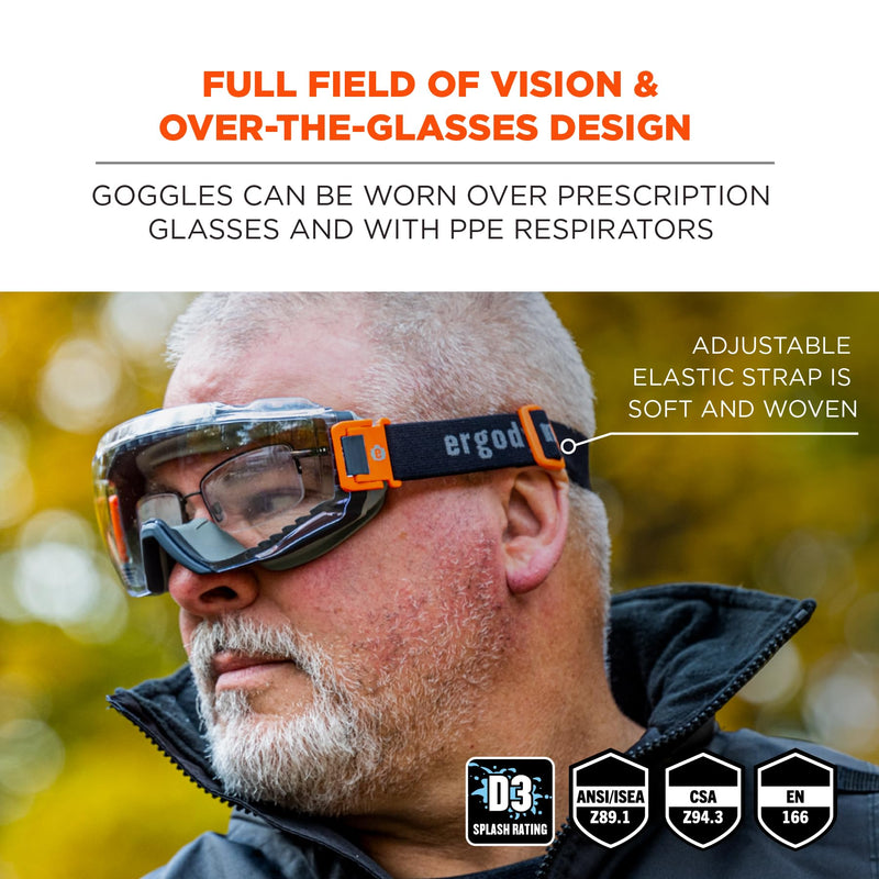 Ergodyne Skullerz Modi Protective OTG Safety Goggle, Indirect Venting, Anti Fog, Scratch Resistant Full Field of Vision and Over-the-glasses Design Clear Lens
