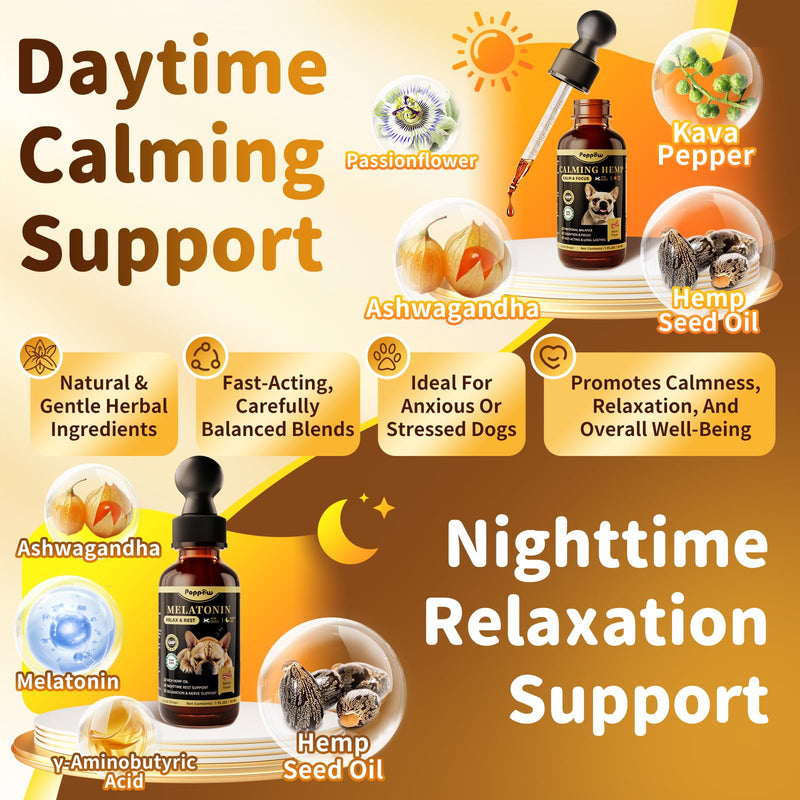 Dog Calming & Melatonin Drops, Day & Night Calm Support Set, Anxiety & Stress Support Calming Treat, Enhance Calmness & Sleep for Separation, Travel, Fireworks & Thunder, Bacon Flavor, 2 FL.Oz Calming & Melatonin Set