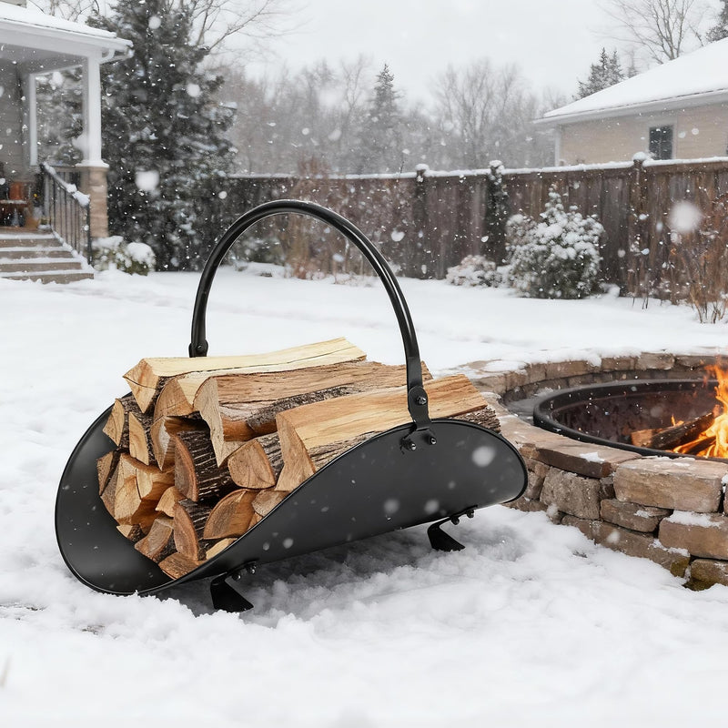 AMAGABELI GARDEN & HOME Fireplace Log Holder Indoor Firewood Carrier Metal Wood Rack Holder Tools Covers Fire Wood Basket Container Sets Ash Bucket and Carrying Bag Black Hearth 17"-Oval