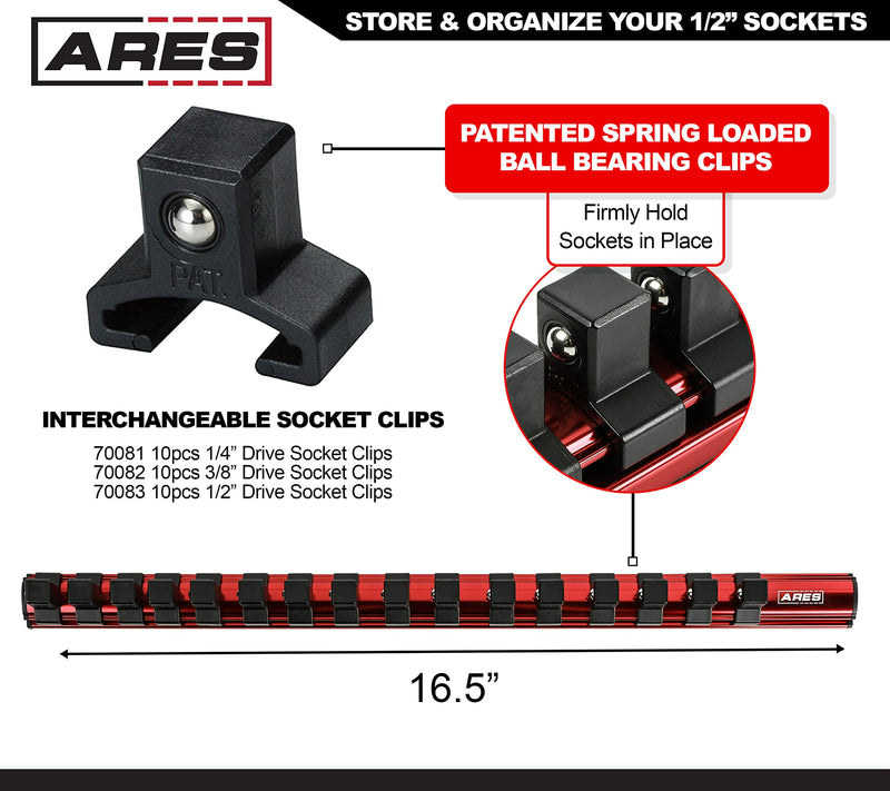 ARES 60129-1/2-Inch Drive Magnetic Socket Organizer - Aluminum Rail Stores up to 16 Sockets and Keeps Your Tool Box Organized Red 1/2-Inch Drive 16.5-Inch Magnetic Socket Rail