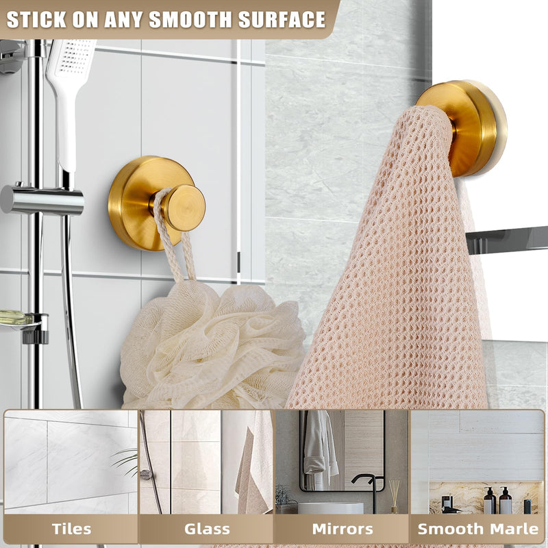 Suction Cup Hooks for Shower No-Drill Bathroom Hooks for Towels, Robes, Loofah Mountable on Bathroom Walls, Kitchen, Glass, Mirrors, Tile and Smooth,Non-Porous Surfaces (2 Pack, Brushed Gold) 2