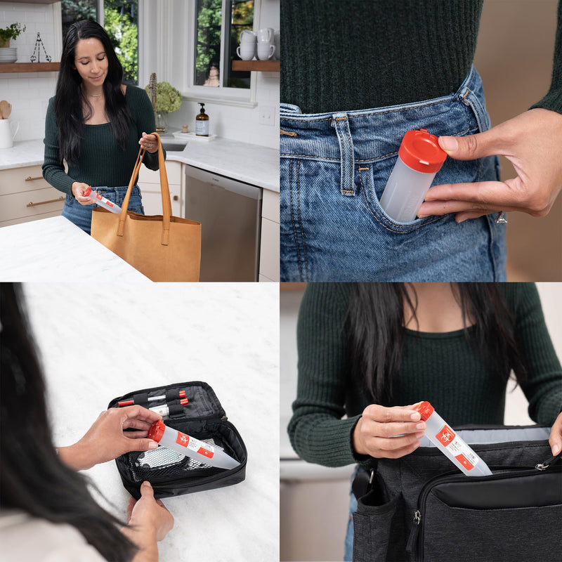 Single Use Travel Sharps Container for Needles, Syringes - Portable Small Sharps Container with New & Improved Locking Lid - Puncture Resistant Needle Disposal Containers (6-Pack, 6) 6-PACK