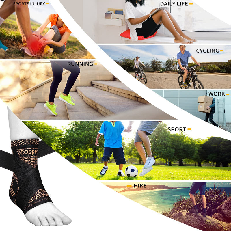 JIUFENTIAN Copper Ankle Brace Adjustable Compression Sleeve (Pair)-Ankle Support Heel Brace for Achilles Tendonitis, Plantar Fasciitis-Eases Swelling and Sprained Ankle(Large) Large Copperblack