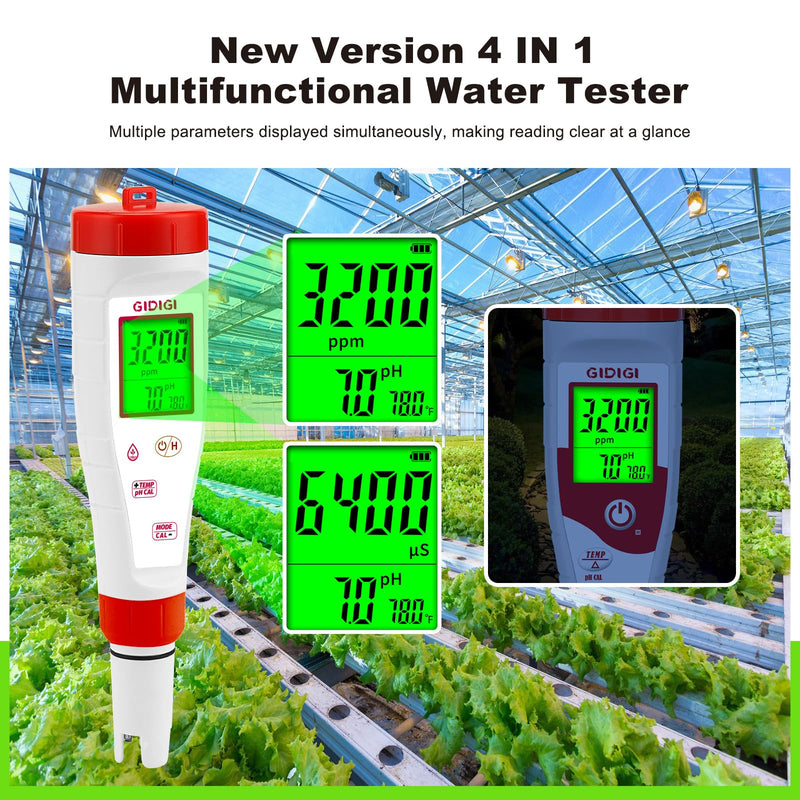 pH Tester,Digital pH Meter for Water,New Version TDS Meter for Drinking Water with Backlit Simultaneously Display 4 in 1 TDS pH EC Meter for Water Hydroponic Nutrient Solution,Pool,Home Use 4 in 1 pH Meter
