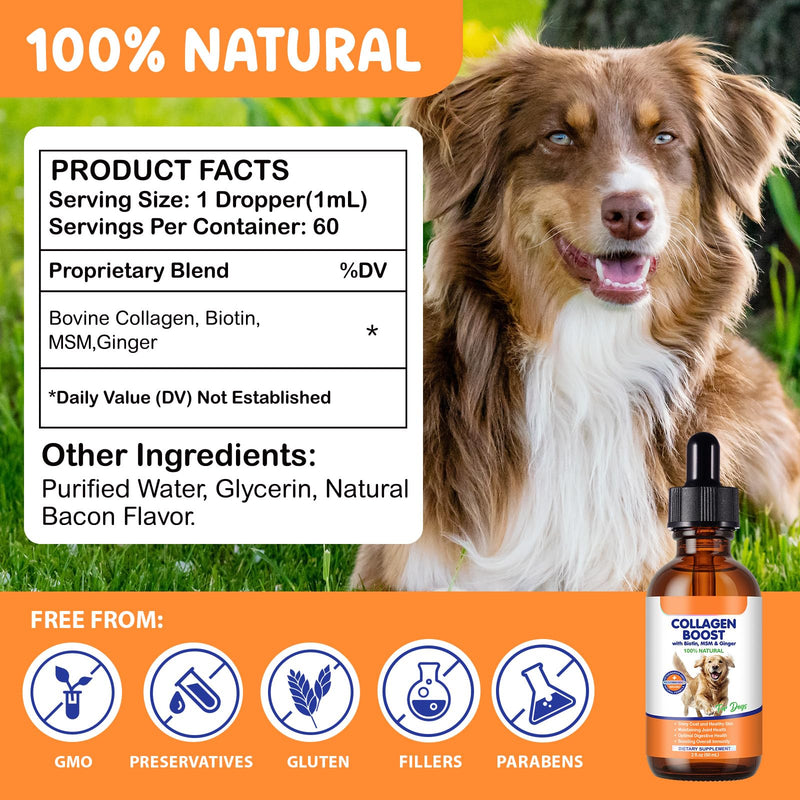 Liquid Collagen for Dogs, Dog Joint Supplements, Skin and Coat Supplement, Dry and Itchy Skin Relief, Support Digestive Health, Dog Collagen Drops with Biotin, MSM, Ginger, Bacon Flavor
