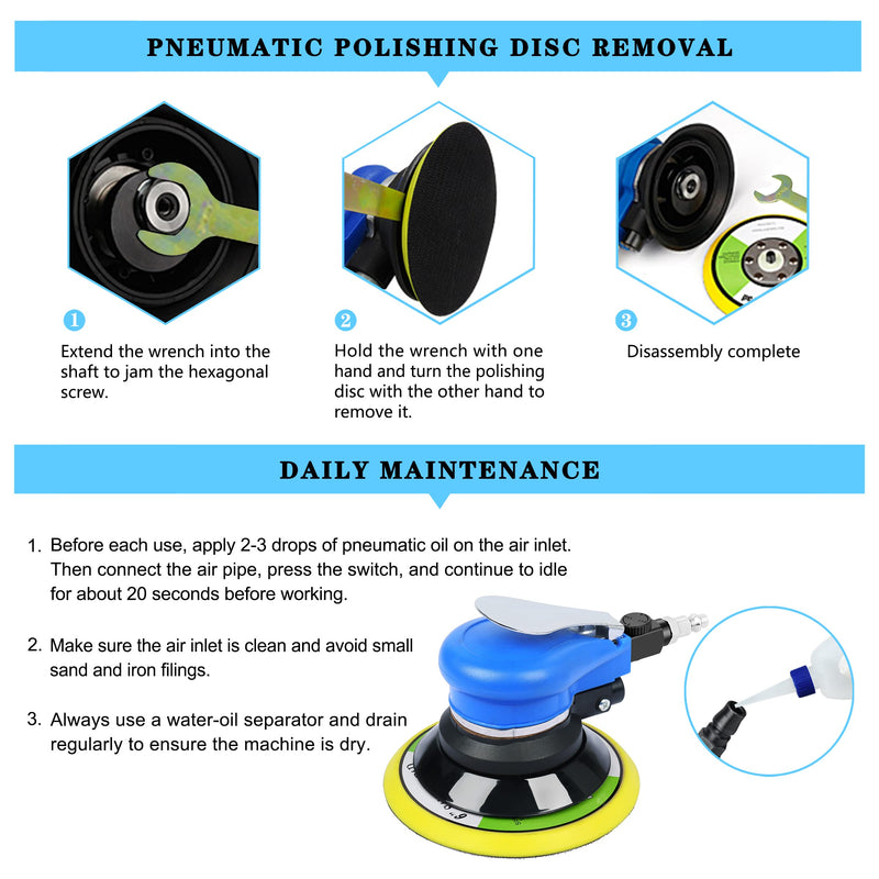 Ouya Air Powered Random Orbit Sanders Dual Action Pneumatic Palm Sander with 1pc 6-inch Backing Plate and 9pcs Sandpapers 6 inch