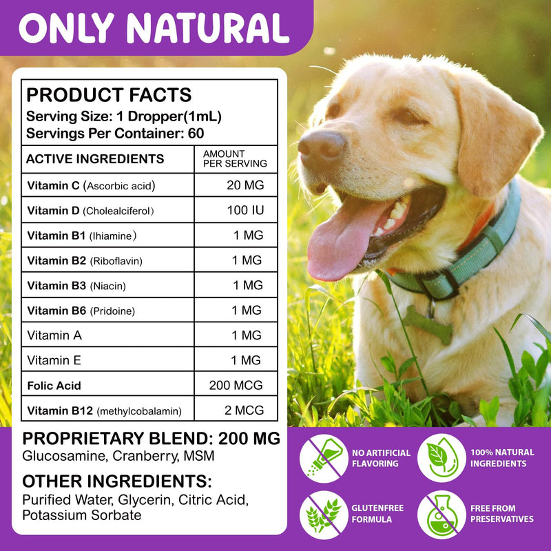 Dog Multivitamin, 15 in 1 Multivitamin for Dogs, Dog Vitamins Liquid Supplements Drops for Hip & Joint, Skin & Coat, Immune, with Glucosamine and MSM, 2 Oz