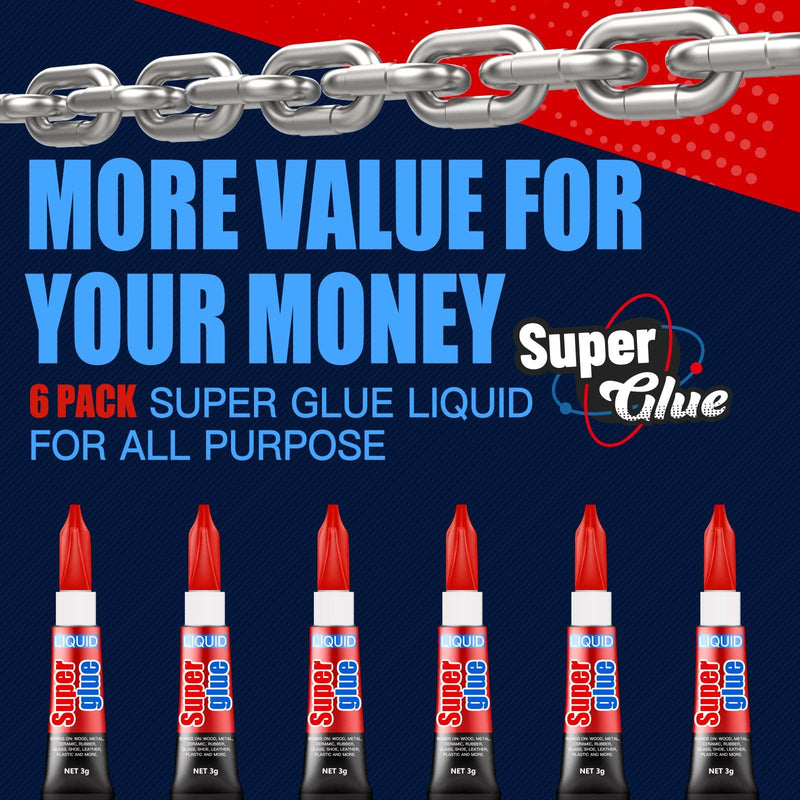 3 Gram (Pack of 6) Single Use Super Glue Liquid, Super Fast, Thin & Strong Adhesive Superglue, Cyanoacrylate Glue for Hard Plastics, DIY Craft, Ceramics, Leather, Metal Etc Pack of 6
