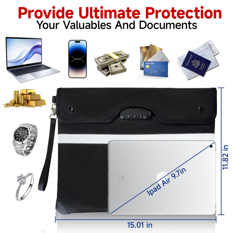 Upgraded 6500°F Fireproof Document Bag with Lock, Waterproof 9-Layer Heat Insulated | Dual-Liner Card Slot Money Bag with Zipper/Reflective Strip for Passport, Important Paper, Cash(15 x 12In) Black