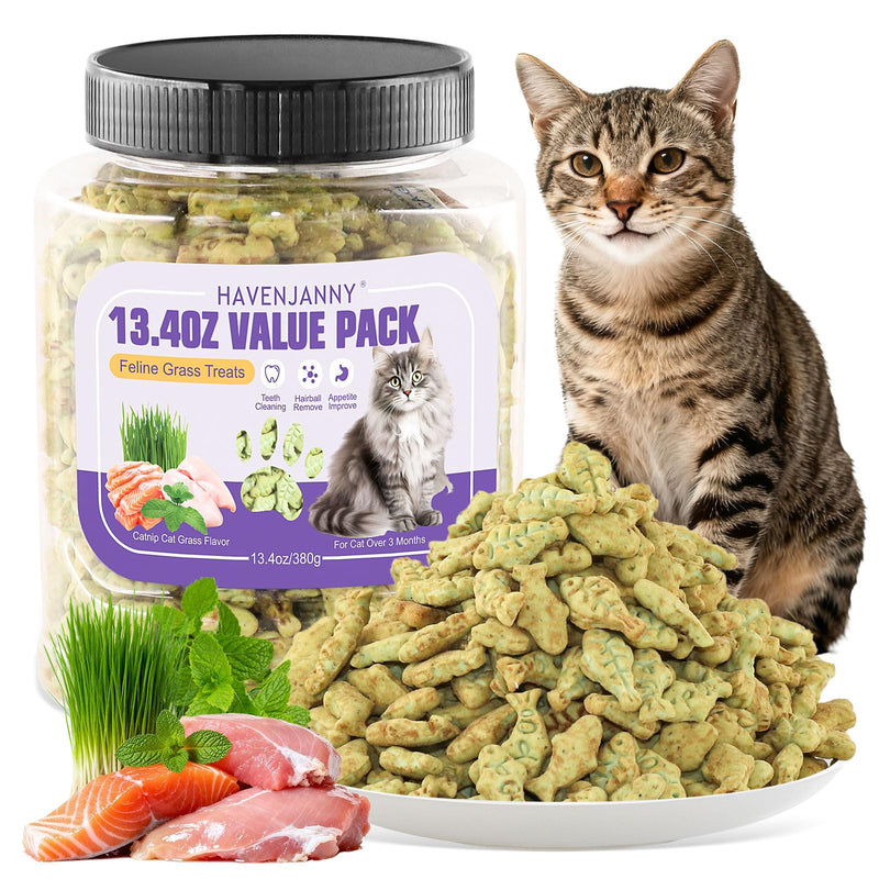 13.4oz/380g Cat Grass Treats, Cat Dental Treats Hairball Control, Chicken Catnip Cats Grass Flavor, Cats Treat Snacks Biscuits for Teeth Cleaning Training