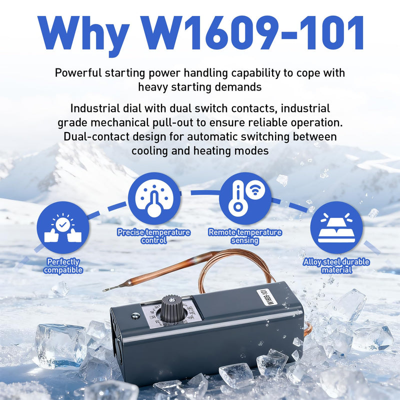 W1609-101 Refrigeration Thermostat Temperature Controller Remote Control Bulb TH-1609, 5FT Capillary Length, -30 to +90 Degrees Fahrenheit, -34 to +32 Degrees Celsius, °C and °F Dual Temperature dial