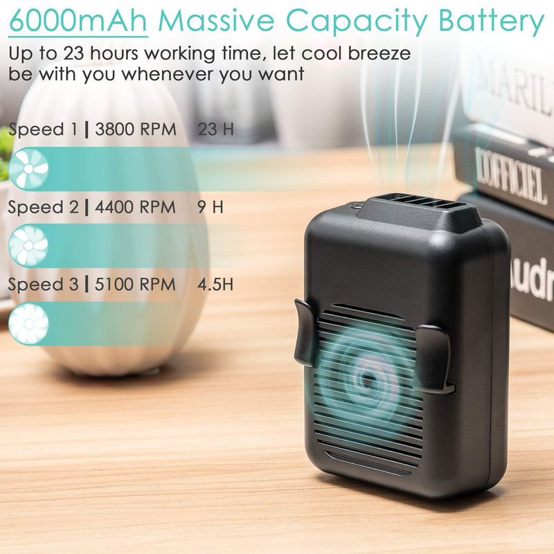 COMLIFE Portable Mini Waist Fan, 6000mAh Battery Powered Hands-free Wearable Fan With Max 23H Working Time, 3 Speeds, 5100RPM Strong Airflow for Jobsite, Farm, Fishing, Gardening And More Black
