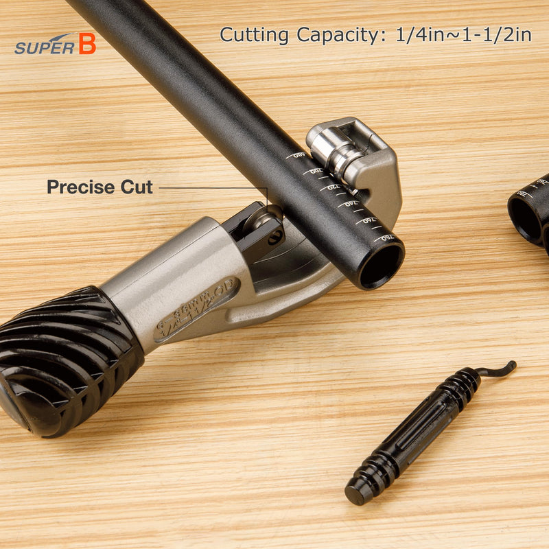 Super B Tubing Cutter- Pipe Cutter Tool 1/4"-1-1/2"OD -Copper, Aluminum, Brass Stainless Steel and Plastic Tubing Quick-Acting Cutter with Replacement Wheel and Deburring Tool (TB-1917)