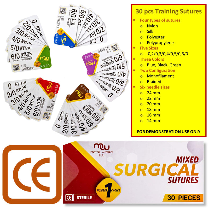 Suture Thread with Needle 30Pk (Mixed 0, 2-0, 3-0, 4-0, 5-0, 6-0) - Practice Suturing; Camping Survival Demo, Military Tactical Drill, Hospital Clinic Rotation, First Aid Travel Safety, Veterinary Use