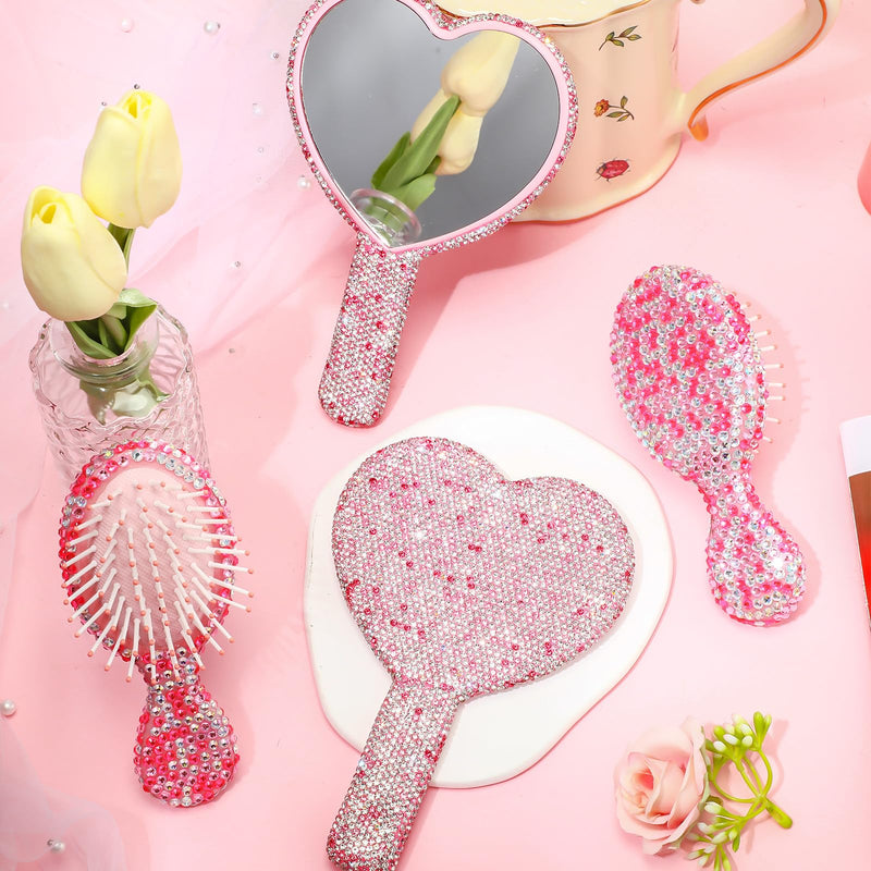 Thyle 4 Pcs Rhinestone Handheld Mirror and Bling Hair Brush Set 2 Cute Heart Shaped Mirror 2 Wet and Dry Hair Brush for Women, Girls Bride, Bridesmaid Gift(Pink)
