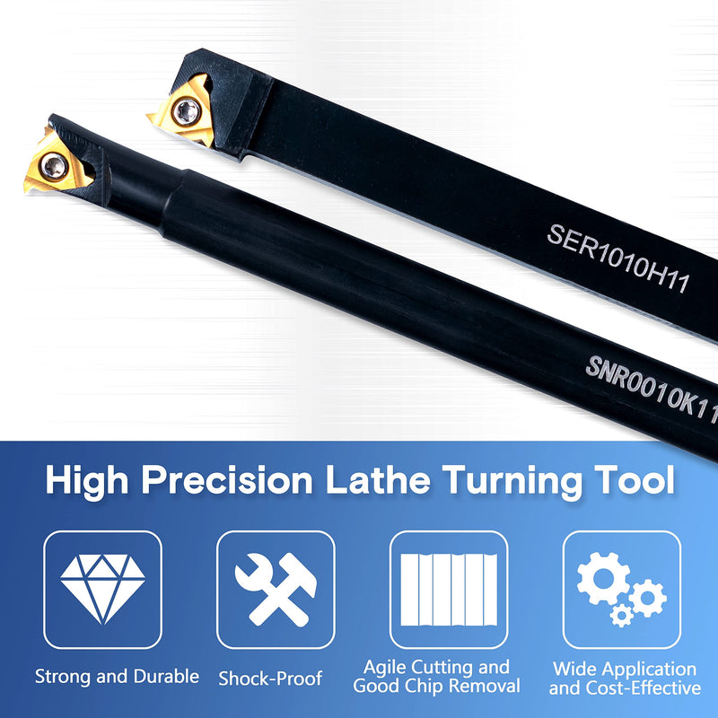 Lathe Turning-Tools Threading Holder - Metal Lathe Cutting Tools 1/2" External SER1010H11+3/8" Internal SNR0010K11 Turning Holders with Indexable Carbide Inserts 10pcs Golden for Lathe Tools