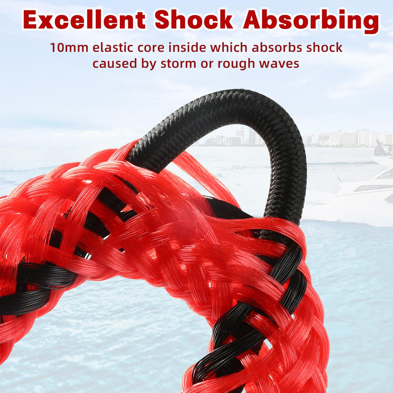 3FT Bungee Boat Dock Lines for Docking, Braided PE Marine Mooring Lines with 316 Stainless Steel Clips, UV & Abrasion Resistant Boat Accessories,Boat Dock Ropes for Watercraft (Red Black) red black