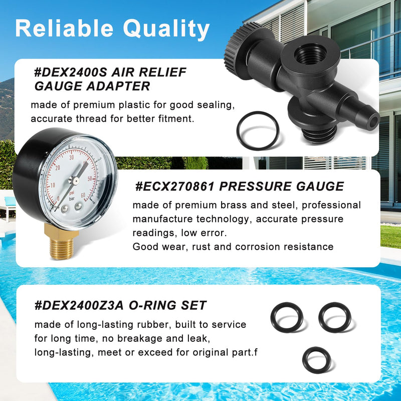 DEX2400S Filter Air Relief Gauge Adapter Assembly + ECX270861 Pressure Gauge + DEX2400Z3A O-Ring Set for Filter Relief Valve Stem for Hayward Pool Filters