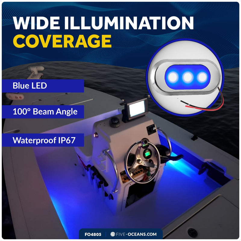 Five Oceans Ultra-Flat LED Boat Courtesy Lights, Blue - Boat Interior Lights, 12-Volt, Oculus Style 3-1/8 x 1-7/16 x 3/16 inch - Waterproof LED Marine Lights for Boats Pontoon RVs - FO4805 Blue LEDs
