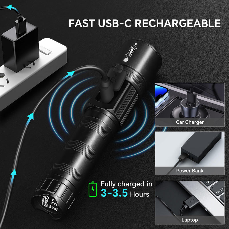 3Pack Rechargeable Flashlights High Lumens, Super Bright Flashlight with LCD Digital Display, 5 Modes Adjustable LED Flashlight Tactical Flashlights High Powered, Flash Lights for Emergency