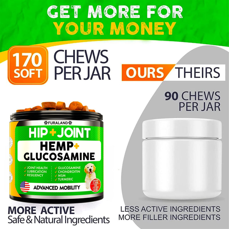 Hemp Hip and Joint Supplement for Dogs - Glucosamine for Dogs - 170 Dog Joint Pain Relief Treats - Chondroitin, Hemp Oil, MSM - Mobility & Flexibility Support - Advanced Care Health - Made in USA 170 Soft Chews