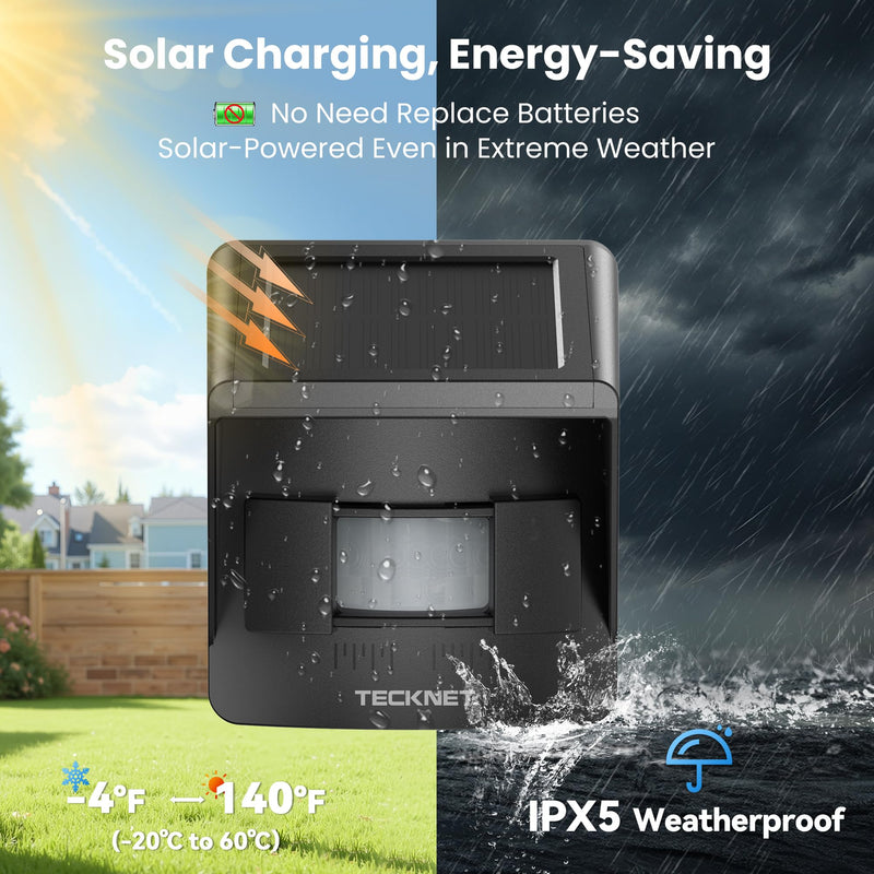 TECKNET Solar Wireless Driveway Alarm with 2600FT Long Range & 36 Melodies & 5 Volumes and Supports 4 Zones Weatherproof Motion Sensor Alarm to Protect Inside/Outside Property (1 Receiver 1 Sensor) RGB Receiver and Sensor