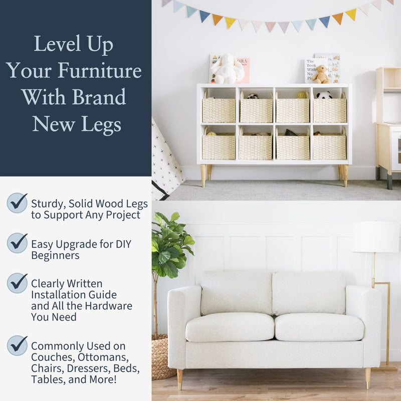 Ash Wood Furniture Legs With Gold Caps - Mid Century Legs For Sofa, Chair, Table, Dresser, Bed, Cabinet, Ottoman - Wooden Legs Are Easy To Install & Include Installation Hardware - Set of 4, 6 Inches Ash / Gold