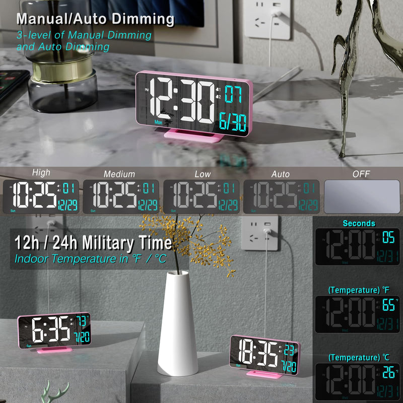 Pink Digital Clock for Bedroom 6.7in Dual Alarm Clock with Dimming, 12/24h, Seconds, Date, Day of Week, Temp, Desk Clock, LED Clock for Table Decor, Digital Calendar Table Clocks for Bedrooms KOSUMOSU Pink Clock(white + Blue Digits)
