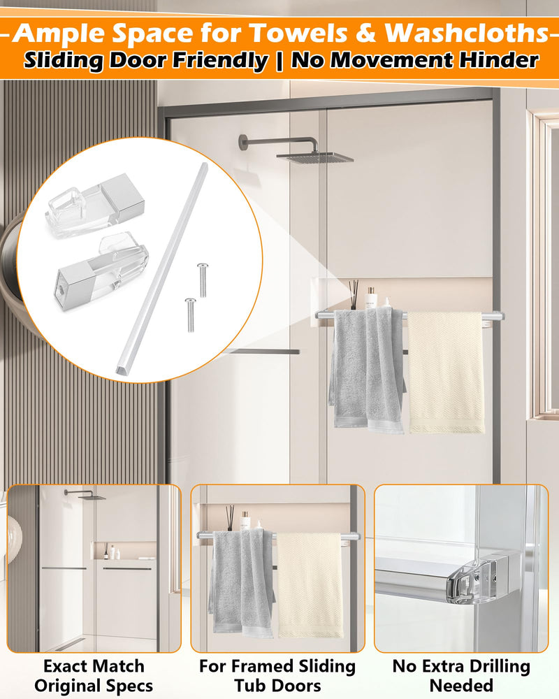 IWIWE 30" Long Chrome Framed Sliding Shower Door Towel Bar Kit - Clear Acrylic Brackets with Bright Chrome Sleeve, Replacement for Alumax/Basco Framed Sliding Glass Shower Door Towel Rod 30" Chrome Towel Bar (w/Clear Brackets)
