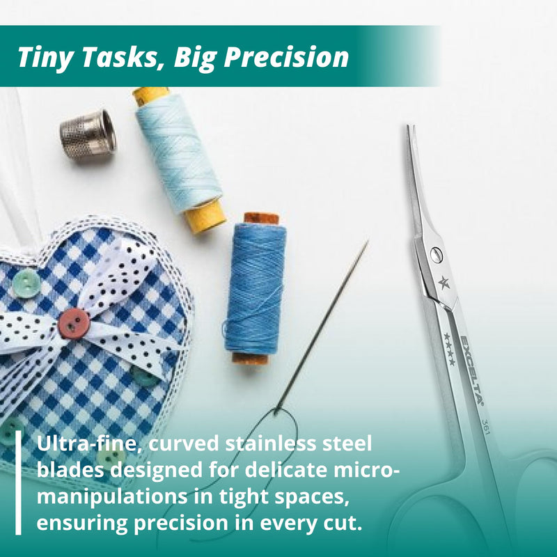 Excelta Premium-Grade Stainless Steel Scissors, Curved Blades, Perfect for Intricate Micro-Manipulations in Cramped Spaces, 1” Blade Length, Superior 3.25" - Scissors, 1" Curved Relieved Blade Length Stainless Steel, Swiss Quality, 361