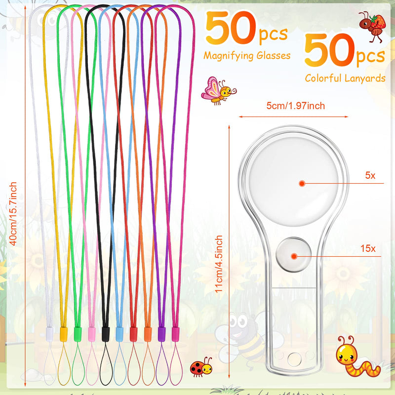 50 Pack Magnifying Glass for Kids, 15x and 5X Handheld Portable Magnifier for Home, Magnify Glasses Lens with 50 Lanyard for School Students Outdoor Explorer, Science Observation and Reading