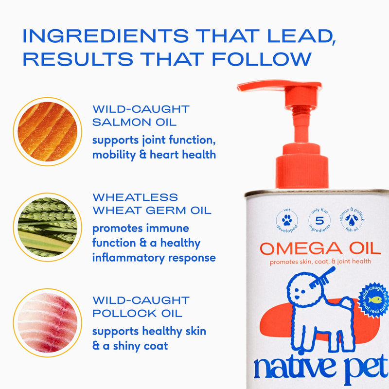 Native Pet Omega Skin and Coat Chews for Dogs (30 Air-Dried Chews) & Omega Oil for Dogs (8 Oz.) - Omega 3 Fish Oil Bundle Promotes Healthy Skin, Shiny Coat, & Strong Joints