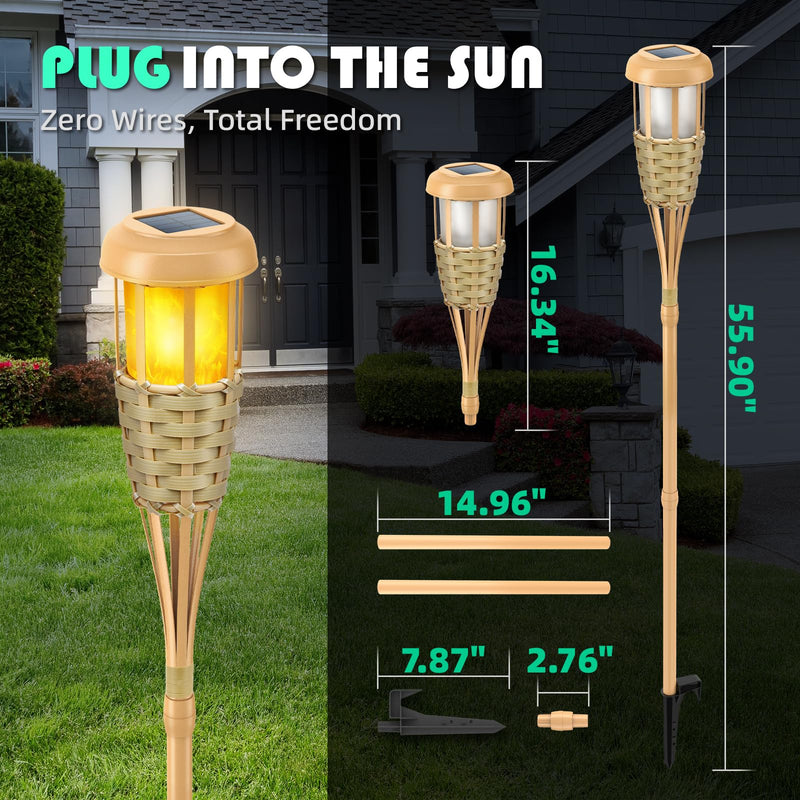 Flickering Flames Solar Powered Lights - Upgraded Solar Torches Waterproof Outdoor Decorative Lighting Auto On/Off, Handmade Bamboo Finish, 2-Pack Classic Yellow-2 Pack