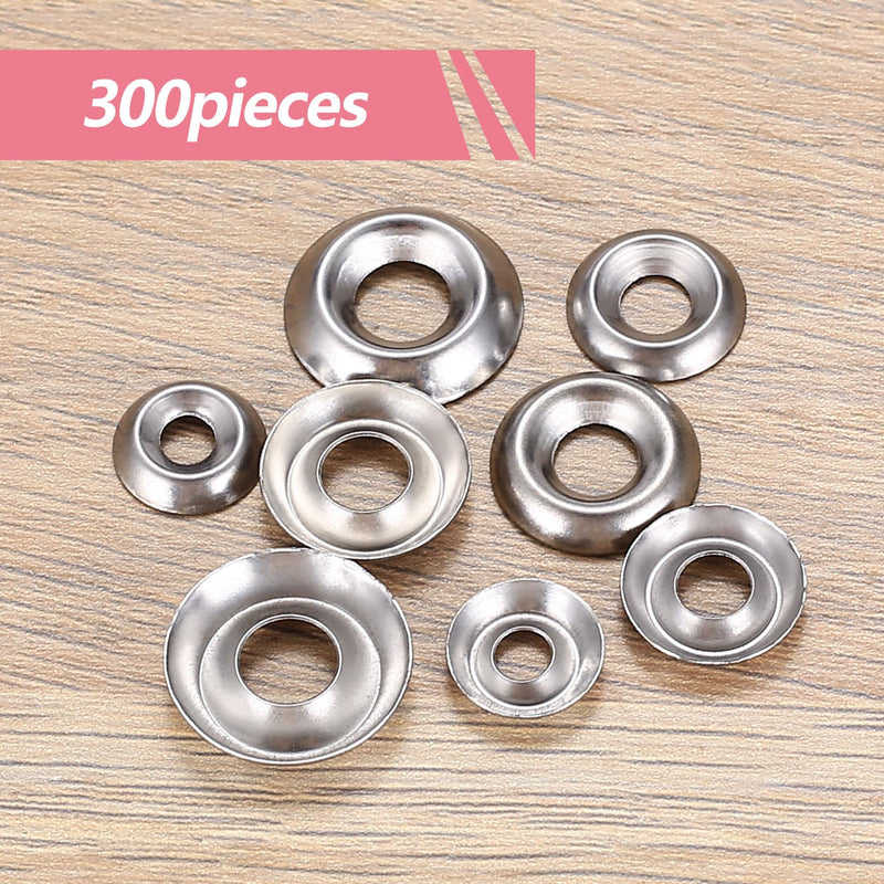 300 Pcs Finish Washers,Finishing Washers, Countersunk Washers, 6#8#10#12 Stainless Steel Cup Countersunk Finish Washers Set, Finishing Cup Countersunk Washer Assortment Kit
