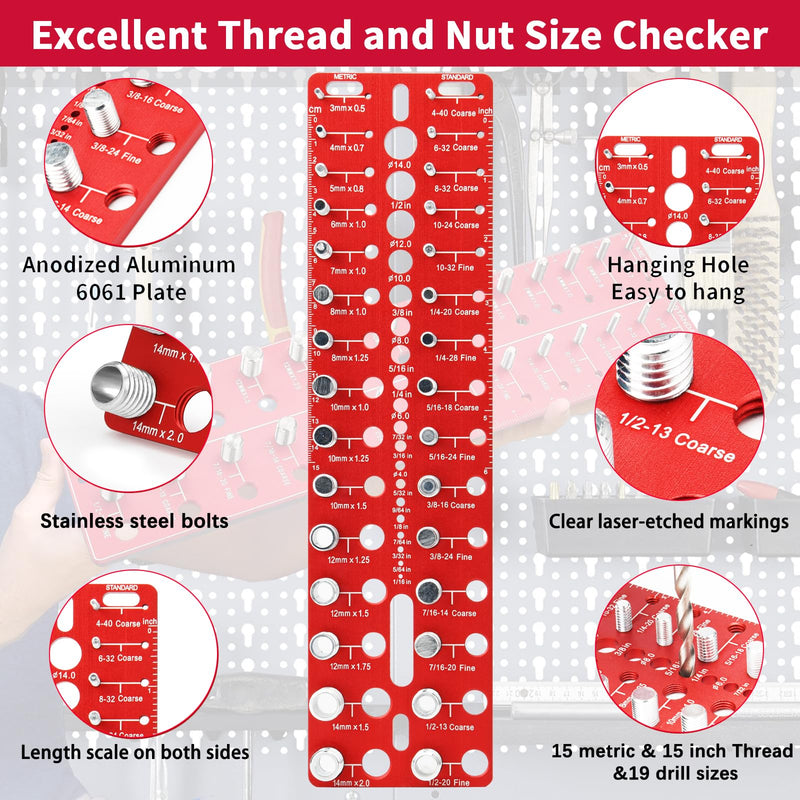 Thread Checker, 30 Nut and Bolt Thread Checker, Bolt Size and Thread Gauge, Bolt and Nut Identifier Gauge with 15 Standard & 15 Metric &19 Drill Bit Gauge,Screw Size Gauge