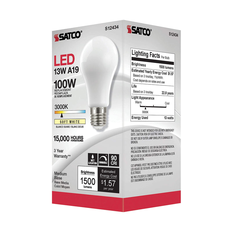 Satco (6 Pack Dimmable LED Filament Lamps, S12434, High Lumens, 13.5 Watt, A19, 3000K Soft White, 1500 Lumen, E26 Medium Base, 90 CRI, Soft White Finish, 120 Volt, Residential & Commercial