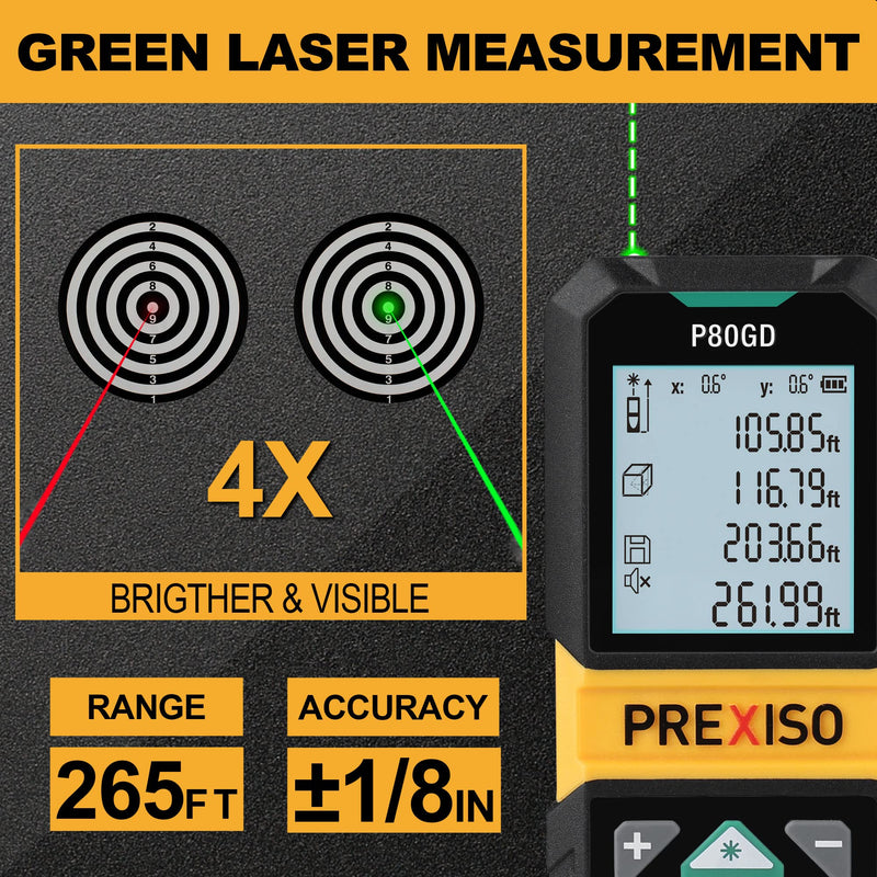 PREXISO Laser Measure Rechargeable, 265Ft Green Beam Laser Measurement Tool with Angle Sensor& 30 Sets Data Storage &1/4"-20 Threaded Hole - Ft/Ft+in/in/M Units - Pythagorean Mode, Area, Volume