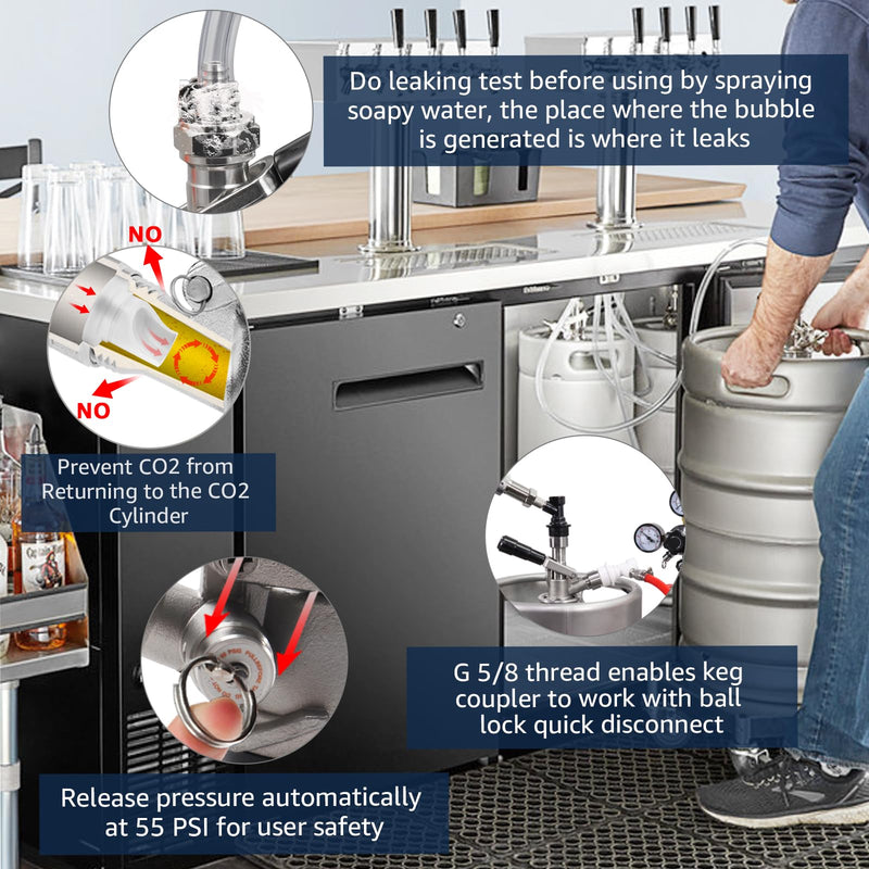 All 304 Stainless Steel Keg Coupler, Commercial Sankey Kegerator D System Keg Tap Dispenser for I.D 5/16'' Draft Beer Line Gas Brewing Tubing with Check Valve Sealing Washer Hose Clamp All 304 Stainless Steel