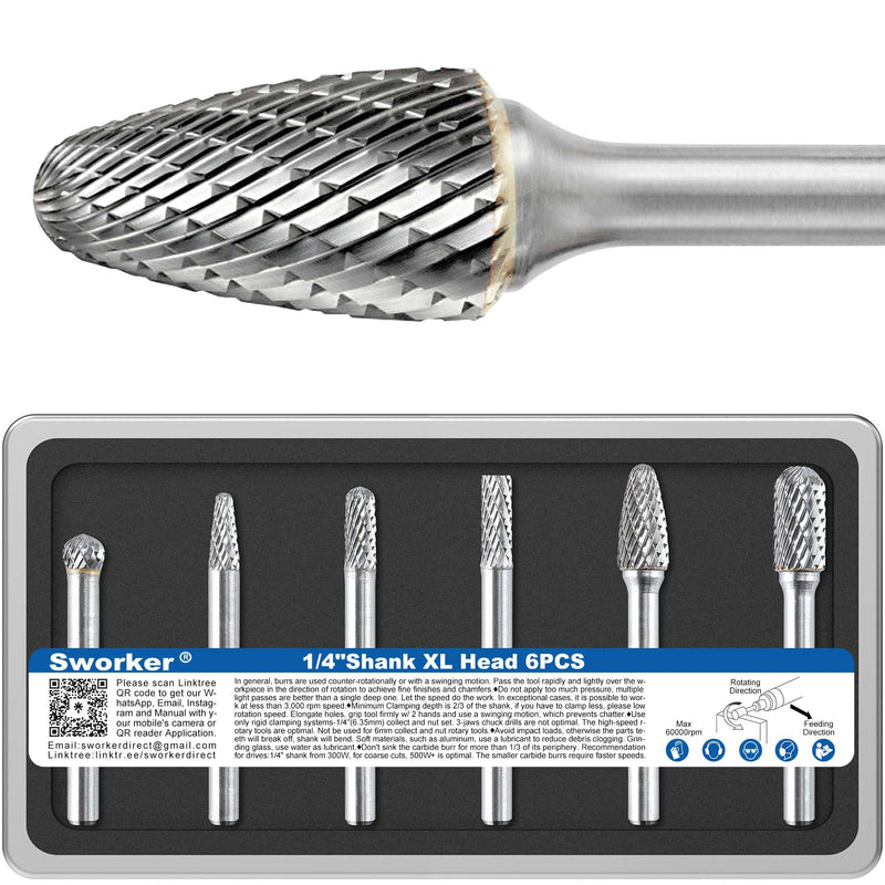 6 Pcs 1/4 Carbide Burr Set 1/4 Shank Die Grinder Bits Drill Bits Grinding Bits for Metal Rotary Tool Attachment Accessories Rasp Weld Wood Stone Deburring Compatible with Milwaukee Dewalt