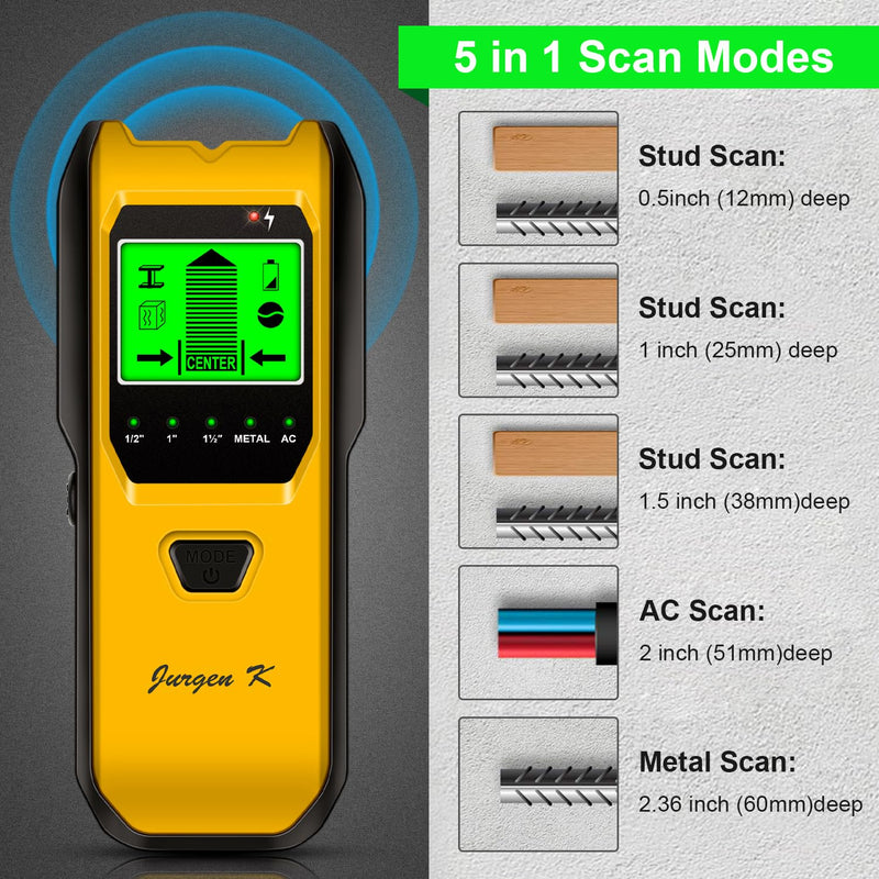 Stud Finder Wall Scanner, 5 in 1 Multifunction Stud Locator with Upgraded Smart Sensor, HD LCD Display and Audio Alarm for The Center & Edge of Metal, Studs, AC Wire, and Pipe Detection (Lemon) Lemon