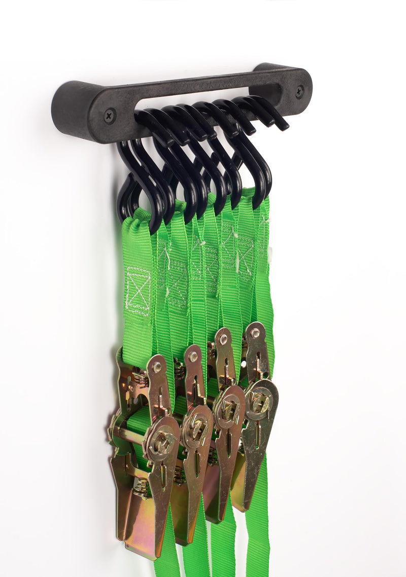 Hook Rail - 2/pk - Organize Your Tie-Down Straps (Ratchet, Cam buckle, Bungee Cords, and more) A low-profile wall-mounted cargo strap management solution for your enclosed trailer, garage, or home.