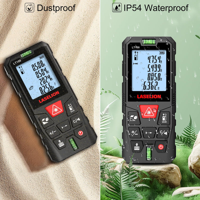 LT100 Laser Distance Meter – 100m (328t) Range, High Accuracy, Multiple Measurement Modes, Built-in Level Bubble, Handle Laser Distance Measurement Tool，Mute Function (328ft) 328ft